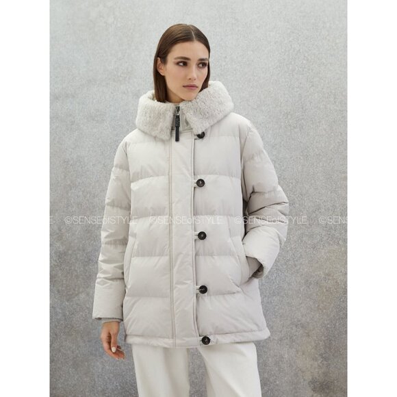 Brunello Cucinelli Women's Puffer Jacket with Fur Collar Monili trim size S 40 - Picture 2 of 11